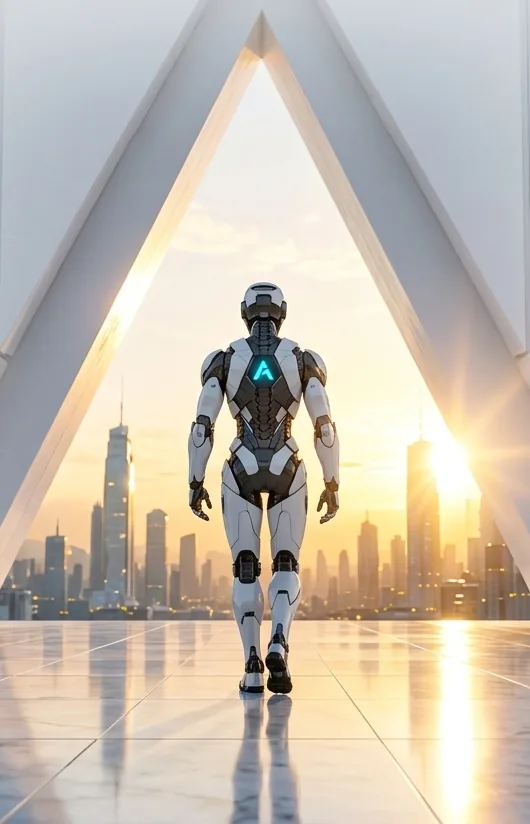 The Aryzen robot walking through a tall A-shaped archway towards a sunlit city