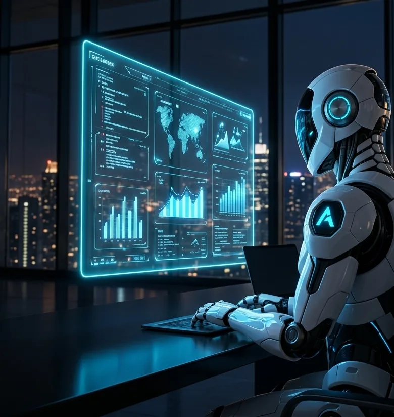A robot working with a glowing holographic dashboard