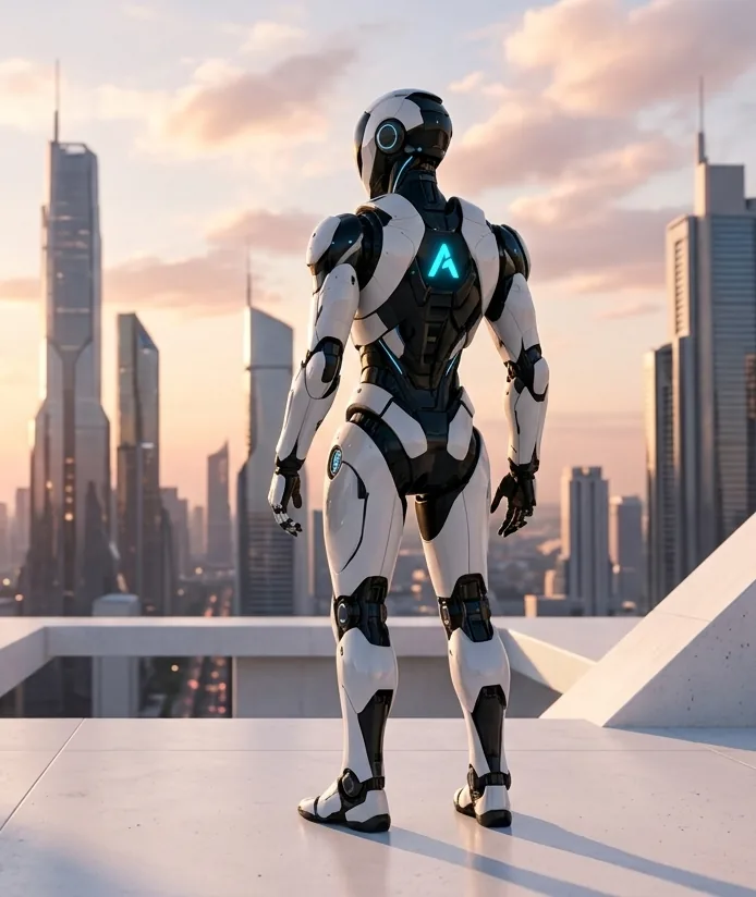 The Aryzen robot on a rooftop at sunset